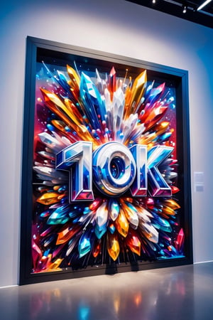 Front view of a 3D style graffiti museal artwork with the text "10K", displayed on the white wall of a futuristic museum. Bright colors, color fireworks, close shot. Text,crystalz