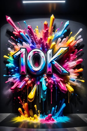 Front view of a 3D style graffiti museal artwork with the text "10K", displayed on the black wall of a futuristic museum. Colors (powder:1.4), color smoke, color splashes, close shot. Text,crystalz