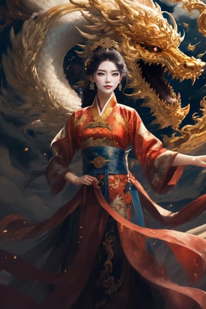 masterpiece, top quality, best quality, official art, beautiful and aesthetic:1.2), chinese empress, chinese goddess, black color long hair, red silk wedding imperial hanfu, approaching to perfection chinese dragon, golden line, ultra-high quality, photorealistic, sky background, dynamic pose, icemagicAI