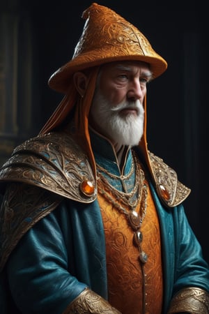 3D artwork, upper body shot of a caracter represesenting a mighty man. High elven hat shaped as a seashell, orange mantle, shining gold jewels and silver chains. (Majestic pose:1.4), (hieratic expression:1.6), emerging from the darkness in the style of Rembrandt. The caracter wears a teal and orange large luxury suit. The character is illuminated from the side by a dark golden light. Vibrant colors. The background is a black gothic cathedral interior dimly lit by moonlight. UHD, high resolution, 8k.