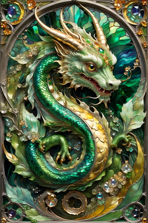 Green and gold chinese Lung dragon, magical fantasy art is done in oil paint and liquid chrome, liquid rainbow, best quality,  fairytale, patchwork, (stained glass:1.2), storybook detailed illustration, cinematic, ultra highly detailed, tiny details, beautiful details, mystical, luminism, vibrant colors, complex background, resolution hyperdetailed intricate liminal eerie precisionism, intricate background, (dark luminescent:1.2) art by Alphonse Mucha, Kinuko Y Craft, Alan Lee, crystalz