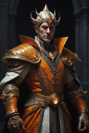 3D artwork, upper body shot of a caracter represesenting an harlequin mighty man. High elven hat shaped as a white seashell, orange mantle, shining gold jewels and silver chains. (Majestic pose:1.4), (hieratic expression:1.6), emerging from the darkness in the style of Rembrandt. The caracter wears an orange large luxury suit. The character is illuminated from the side by a dark golden light. Vibrant colors. The background is a black gothic cathedral interior dimly lit by moonlight. UHD, high resolution, 8k.