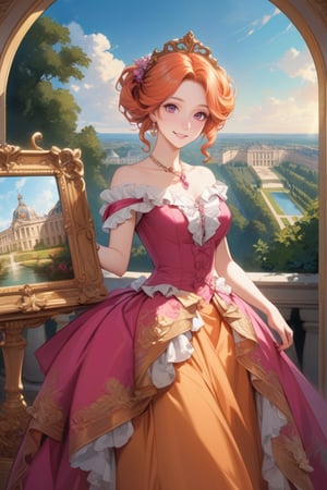 Very beautiful girl wearing a sumptuous fuchsia and pale orange dress, illustration, detailed, beautiful detailed eyes, beautiful detailed, orange hair, warmly smile, she is showing a painting of hers, Versailles background. Rococo oil paint