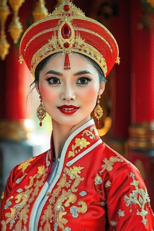 Dappled Light, portrait of a character, intricate (pencil sketch:1.5) of a vietnamese queen with the most sumptuous red wedding dress. Perfect eyes, perfect nose, perfect lips. Vietnamese royal palace background. Colorful, realistic eyes, dreamy magical atmosphere, cinematic light, side lighting, vivid color