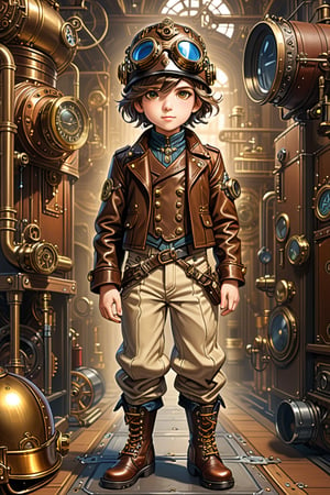 Very skilled industrial mechanic boy, with a steampunk leather double-breasted jacket, leather helmet and goggles, beige tweed puffed trousers, leather laced boots, intricately detailed brass accessories. Masterpiece, illustration, extremely detailed, industrial deep background 