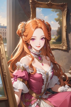 Very beautiful girl wearing a sumptuous fuchsia and pale orange dress, illustration, detailed, beautiful detailed eyes, beautiful detailed, orange hair, warmly smile, she is showing a painting of hers, Versailles background. Rococo oil paint