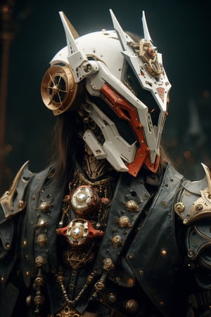 Three-quarter shot, steampunk surreal robot, venetian carnival white mask with bone surface, high surreal helmet, leather clothes, vivid colors, red, white, majestic pose, intricate details, highly detailed, cinematic, dark shot, film grain, blur, spooky, black background, 3d style, masterpiece,DonM0ccul7Ru57,Robot