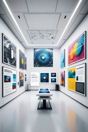 Wide view of a futuristic museal room with some artworks representing graphics and concept maps with text displayed on the white walls. Futuristic museum. Bright colors, close shot. ,dvr-txt