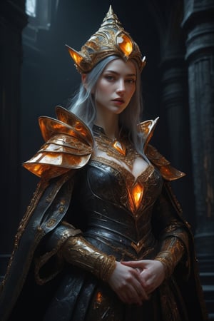 3D artwork, upper body shot represesenting a mighty female young caracter. High elven hat shaped as an orange seashell, mantle, shining gold jewels and silver chains. (Majestic pose:1.4), (hieratic expression:1.6), emerging from the darkness in the style of Rembrandt. The caracter wears a black and yellow large luxury dress. The character is illuminated from the side by a dark golden light. Marine vibes. Vibrant colors. The background is a black gothic cathedral interior dimly lit by moonlight. UHD, high resolution, 8k.