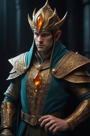 3D artwork, upper body shot of a caracter represesenting a mighty male elf. High elven hat shaped as a seashell, orange mantle, shining gold jewels. (Majestic pose:1.4), (hieratic expression:1.6), emerging from the darkness in the style of Rembrandt. The caracter wears a teal and orange large luxury suit. The character is illuminated from the side by a dark golden light. Vibrant colors. The background is a black gothic cathedral interior dimly lit by moonlight. UHD, high resolution, 8k.