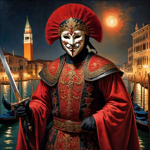 
A full body representation of a swordsman wearing a red Venetian mask, he wields a saber, dynamic pose, intricate, colorful, fine facial details, Venice city by night on background, sharp focus, aged oil painting in the style of rembrandt