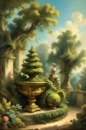 A mystical greenery garden, masterful whimsical topiary sculptures, baroque style vases, multiple fantastic spirals of branches and leaves, dreamy atmosphere, golden vibes, romantic landscape. Masterpiece, rococo style, painted by Jean-Honoré Fragonard