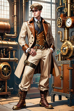 Industrial steampunk mechanic man, perfectly detailed face, (cap:0.8), steampunk beige leather double-breasted jacket, beige tweed fabric puffed trousers, (leather laced boots:0.8), intricately detailed brass accessories. Masterpiece, illustration, extremely detailed, cinematic pose, industrial background