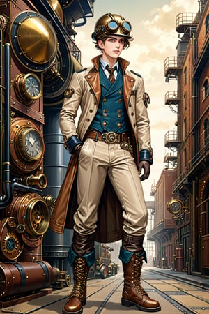 Industrial mechanic boy, with a steampunk beige leather double-breasted jacket, leather helmet and goggles, beige tweed fabric puffed trousers, leather laced boots, intricately detailed brass accessories. Masterpiece, illustration, extremely detailed, industrial background