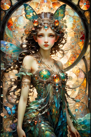 Full body fairy with perfect manga face, magical fantasy art is done in oil paint and liquid chrome, liquid rainbow, best quality, art on a cracked paper, fairytale, patchwork, (stained glass:1.2), storybook detailed illustration, cinematic, ultra highly detailed, tiny details, beautiful details, mystical, luminism, vibrant colors, complex background, resolution hyperdetailed intricate liminal eerie precisionism, intricate background, (dark luminescent:1.2) art by Alphonse Mucha, Kinuko Y Craft, Arthur Rackham, Jean Baptiste Monge,crystalz