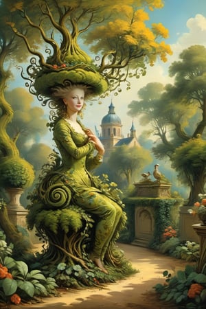 A mystical greenery garden, masterful whimsical topiary sculptures, flowers, esotic birds, (multiple fantastic spirals of branches and leaves:1.9), dreamy atmosphere, golden vibes, romantic landscape. Masterpiece, rococo style, painted by Jean-Honoré Fragonard and Michael Cheval