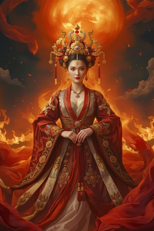 In a majestic tableau, the Chinese empress stands tall, her sumptuous wedding hanfu dress aglow in a warm, cinematic light. The red and white silk fabric shimmers like molten lava, richly embroidered with gold and silver threads that seem to dance across her wide sleeves (1.2). Intricately carved golden badges and tassels glint like stars against the fiery, smoky backdrop of clouds and flames. Yoshitaka Amano's influence is palpable in this stunning, dreamy scene, as if Zhong Fenghua's artwork has come to life. Midjourneyart, zhongfenghuaStyle