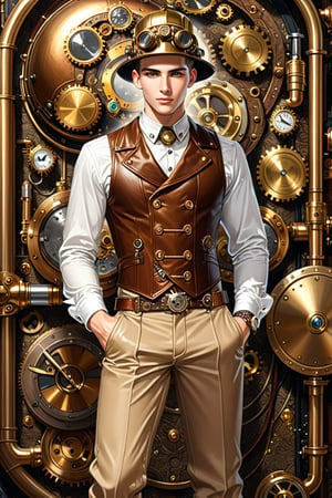Very skilled industrial mechanic boy, with a steampunk leather double-breasted jacket, waistcoat and leather helmet, beige tweed trousers, intricately detailed brass accessories. Masterpiece, illustration, extremely detailed, industrial deep background 