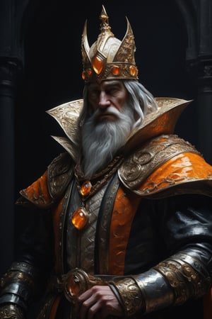 3D artwork, upper body shot of a caracter represesenting an harlequin mighty man. High elven hat shaped as a white seashell, orange mantle, shining gold jewels and silver chains. (Majestic pose:1.4), (hieratic expression:1.6), emerging from the darkness in the style of Rembrandt. The caracter wears an orange large luxury suit. The character is illuminated from the side by a dark golden light. Vibrant colors. The background is a black gothic cathedral interior dimly lit by moonlight. UHD, high resolution, 8k.