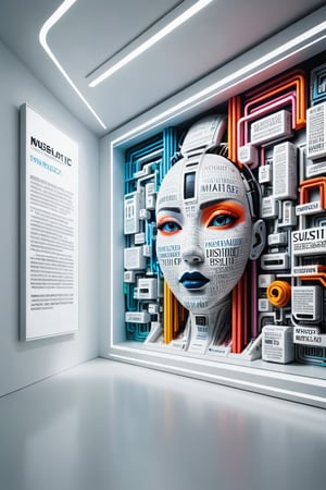 Front view of a futuristic museal artwork with text, displayed on the white wall inside a futuristic museum. Bright colors, surrealist, close shot. ,dvr-txt