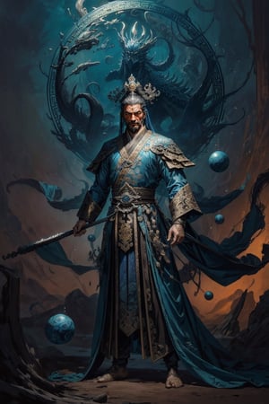 Full body shot of a character standing in majestic pose, realistic representation of a fantasy chinese emperor, with the most sumptuous wedding hanfu suit made of dark blue silk and richly embroidered with gold and silver threads, intricately carved golden badges and tassels. Under the sea background, magic circles. Art by Yoshitaka Amano, Huang Guangjian, Zhong Fenghua, stunning interpretive visual, gothic regal, colorful, realistic eyes, dreamy magical atmosphere, (film grain), (warm hue, warm tone), cinematic light, side lightings,zhongfenghua,gu,weapon