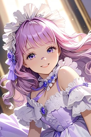 Very beautiful girl wearing a sumptuous light violet dress, illustration, detailed, realistic, UHD, beautiful detailed eyes, beautiful detailed, Warmly smile. Rococo oil paint