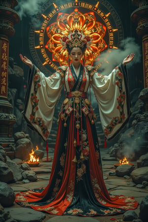 Full body shot, bottom view of a character standing in cinematic pose, open arms, representation of a (very tall:1.4) fantasy chinese goddess with the most sumptuous long wedding hanfu dress that completely covers the feet and is made of white, black and red silk and richly (embroidered:1.2) with gold and silver threads, (wide sleeves:1.2), intricately carved golden (badges and tassels:1.2), golden crown, dark gothic temple background with a huge mandala (carved into the rock) on which are magical luminous symbols. Fire and flame and clouds of smoke. Oil painted by Greg Rutkowski. Stunning interpretive visual, gothic regal, colorful, realistic eyes, dreamy magical atmosphere, cinematic light, side lightings, Midjourneyart, Midjourney_Whisper