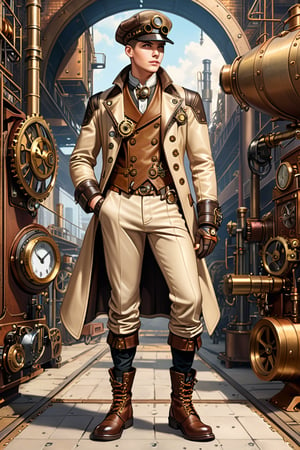 Industrial steampunk mechanic boy, perfectly detailed face, (cap:0.8), steampunk beige leather double-breasted jacket, beige tweed fabric puffed trousers, (leather laced boots:0.8), intricately detailed brass accessories. Masterpiece, illustration, extremely detailed, cinematic pose, industrial background