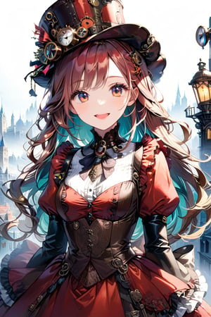Very beautiful girl with a steampunk victorian bright red dress, sumptuous hat, masterpiece, illustration, extremely detailed, beautiful detailed eyes, beautiful detailed mouth, warmly smile, (bright colors:1.4), city on background 