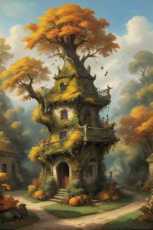 A mystical autumnal garden with a treehouse in the center, masterful whimsical topiary sculptures, baroque style vases, yellow, orange and red leaves, esotic birds, (multiple fantastic spirals of branches and leaves:1.9), dreamy atmosphere, golden vibes, romantic landscape. Masterpiece, rococo style, painted by Jean-Honoré Fragonard and Jan Bruegel