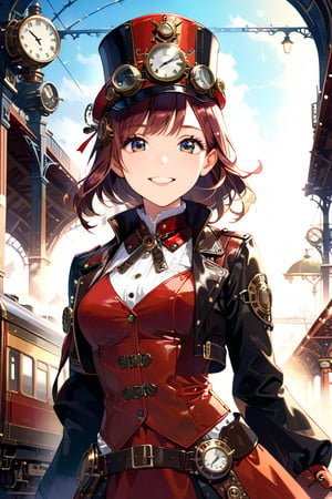 Very beautiful girl with a steampunk leather jacket, red waistcoat and hat, intricately detailed brass accessories. Masterpiece, illustration, extremely detailed, beautiful detailed eyes, beautiful detailed mouth, warmly smile, bright colors, dark light, railway station on background 