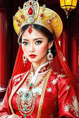 Dappled Light, portrait of a character, intricate (pencil sketch:1.5) of a vietnamese queen with the most sumptuous red wedding dress. Vietnamese royal palace background. Colorful, realistic eyes, dreamy magical atmosphere, cinematic light, side lighting