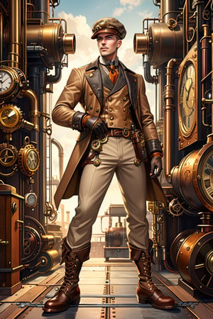 Industrial steampunk mechanic man, perfectly detailed face, (cap:0.8), steampunk beige leather double-breasted jacket, beige tweed fabric puffed trousers, (leather laced boots:0.8), intricately detailed brass accessories. Masterpiece, illustration, extremely detailed, cinematic pose, industrial background