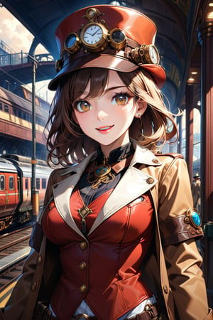 Very beautiful girl with a steampunk beige leather jacket, red waistcoat and hat, intricately detailed brass accessories. Masterpiece, illustration, extremely detailed, beautiful detailed eyes, beautiful detailed mouth, warmly smile, bright colors, railway station on background, complex_background 