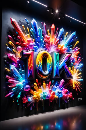 Front view of a 3D style graffiti museal artwork with the text "10K", displayed on the black wall of a futuristic museum. Bright colors, color fireworks, colors powder, color smoke, close shot. Text,crystalz