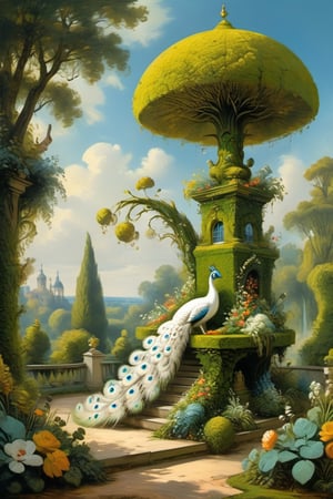 A mystical greenery garden, masterful whimsical topiary sculptures, flowers, one majestic awesome (white:1.2) peacock doing cartwheel at the center of the scene. Dreamy atmosphere, golden vibes, romantic landscape. Masterpiece, rococo style, painted by Jean-Honoré Fragonard and Michael Cheval