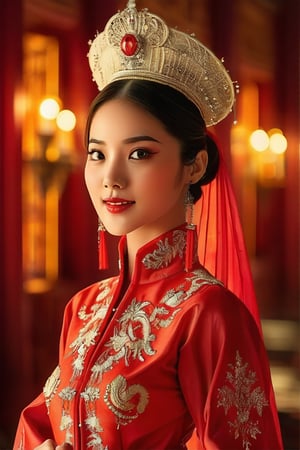 Dappled Light, portrait of a character, intricate (pencil sketch:1.5) of a vietnamese queen with the most sumptuous red wedding dress. Vietnamese royal palace background. Colorful, realistic eyes, dreamy magical atmosphere, cinematic light, side lighting, vivid color