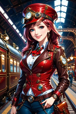 Very beautiful girl with a steampunk leather jacket, red waistcoat and hat, intricately detailed brass accessories. Masterpiece, illustration, extremely detailed, warmly smile, bright colors, dark light, railway station on background 