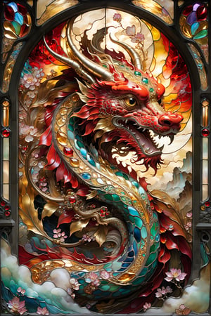 Red and gold chinese Lung dragon, magical fantasy art is done in oil paint and liquid chrome, liquid rainbow, best quality,  fairytale, patchwork, (stained glass:1.2), storybook detailed illustration, cinematic, ultra highly detailed, tiny details, beautiful details, mystical, luminism, vibrant colors, complex background, resolution hyperdetailed intricate liminal eerie precisionism, intricate background, (dark luminescent:1.2) art by Alphonse Mucha, Kinuko Y Craft, Alan Lee, crystalz