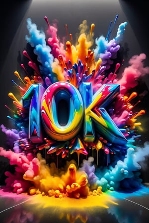 Front view of a 3D style graffiti museal artwork with the text "10K", displayed on the black wall of a futuristic museum. Bright colors, (colors powder:2), (color smoke:1.6),  close shot. Text,crystalz