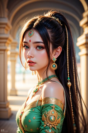 Protrait, photograph, androgynous hunnuman, oval jaw, delicate features, beautiful face, dreadlocked hair, long bangs, long ponytail, bright blue-green eyes, hindu art, Korean,1 girl