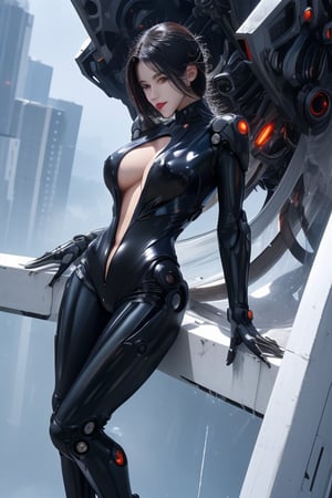 RAW photo, dynamic angle, highly detailed, full body photo, female mech in semi transparent black jumpsuit, huge chest, facing the camera, clear face, visible pores, ultra-high definition image quality, perfect lighting, transparent tentacles inserted into the vagina, white liquid dripping, inspired by killing the city, Xialing Pinghua