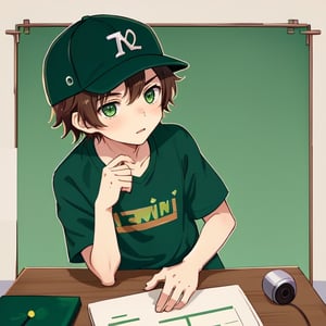 Lofi anime, lofi, 1 boy 17_yo, baseball cap, brown hair, at a desk, in front of a computer, lofi style, male focus, (((green screen background)), sits at a desk solo,