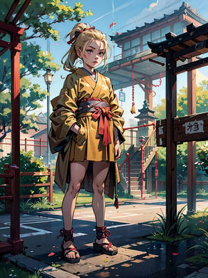 A five years old girl, her long blonde hair tied back in a samurai knot, stands in front a playground park, wainting for her time to get in