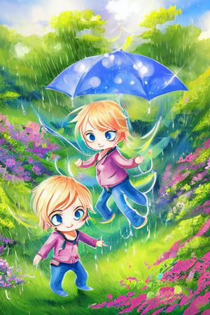 masterpiece, best quality,child playng in the rain forest, chibi style