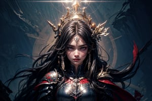 best quality, detailed face, full body, tower, queen in red knight's armor with black details. she has black long hair. her black eyes are sparkling. her face looks gentle. she is very masculine and brave. 
symmetrical, vibrant, style artwork, highly detailed CG, 8k wallpaper, beautiful face, full scene, full body shape
,no_humans