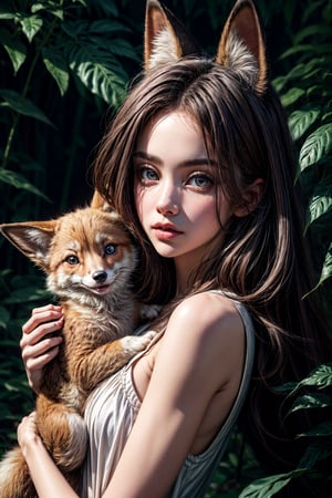 best quality, detailed face, full figure, a half-hybrid girl with a fox, she has ears like a fox and a tail like a fox, the rest of her body is human, she has beautiful red hair, a beautiful symmetrical face with an innocent cut, she is in the forest, she has beautiful black eyes, wearing a white short dress, she is with other animals
symmetrical, vibrant, style artwork, highly detailed CG, 8k wallpaper, beautiful face, full scene, full body shape
