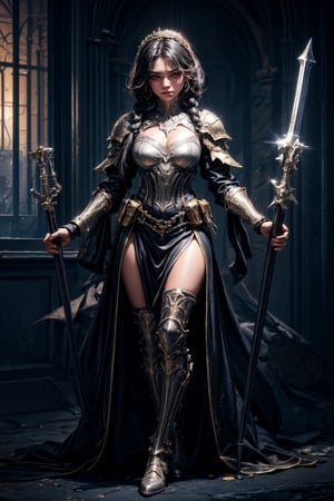 best quality, detailed face, full body, tower, queen in dark knight's armor with silver details. she has black hair in 2braids. her black eyes are sparkling in anger. her face looks gentle. she is very masculine and brave. in one hand he holds a gold colored sword stained with blood. 
symmetrical, vibrant, style artwork, highly detailed CG, 8k wallpaper, beautiful face, full scene, full body shape
,no_humans