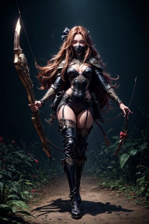 best quality, detailed face, full body, she is amazon. she has a black mask on her face. red long hair down to the ground. she has fit body shape. she is holding a bow and arrow in his hand and is aiming at you.
symmetrical, vibrant, style artwork, highly detailed CG, 8k wallpaper, beautiful face, full scene, full body shape
,no_humans