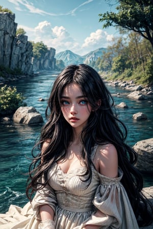 best quality, detailed face, a girl, very beautiful, long black hair, blue eyes, lies by the river, covered in a white thin dress
symmetrical, vibrant, style artwork, highly detailed CG, 8k wallpaper, beautiful face, full scene,
